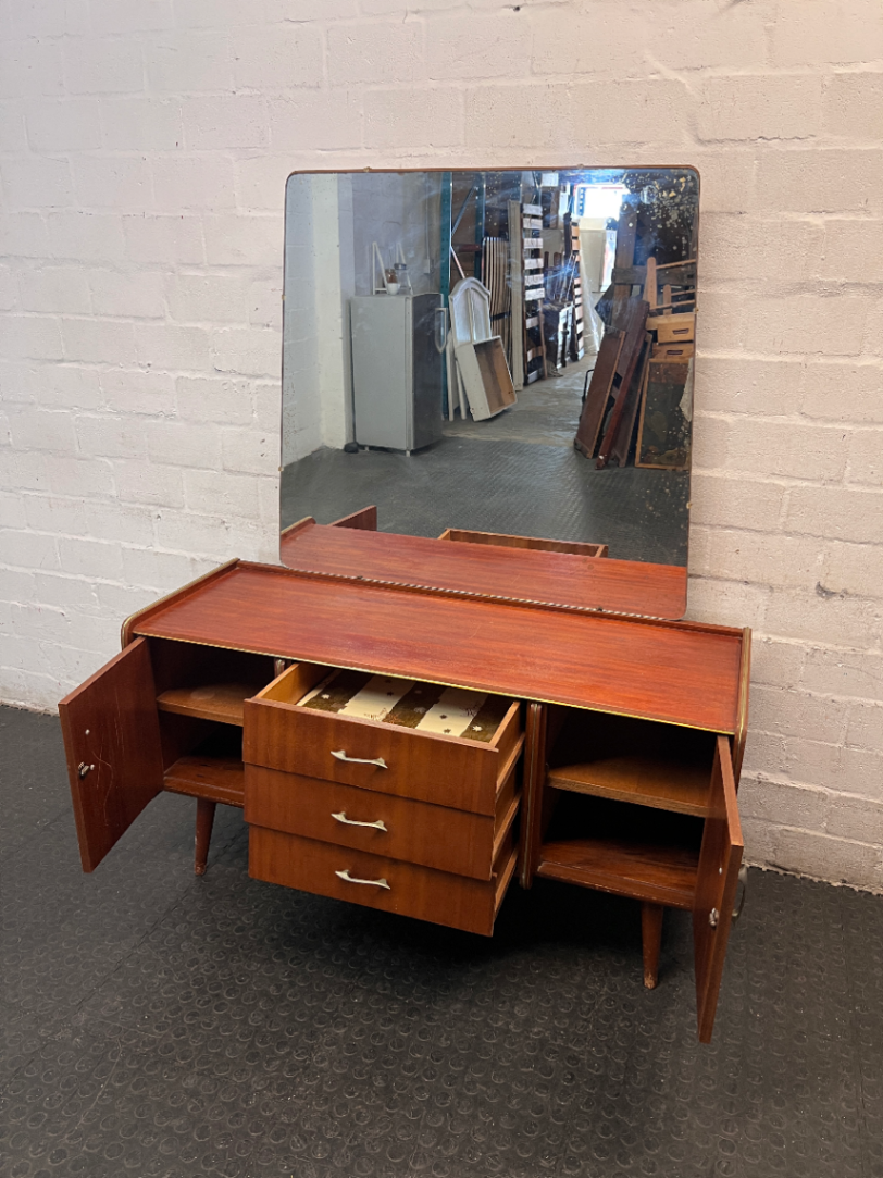 Mid-Century Style Wooden Dressing Table with Large Mirror — Worn Condition Throughout