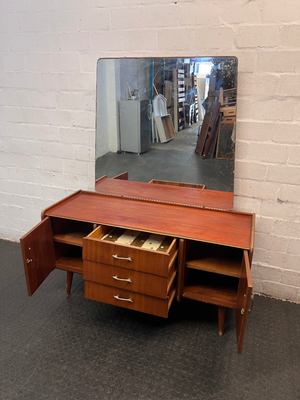 Mid-Century Style Wooden Dressing Table with Large Mirror — Worn Condition Throughout