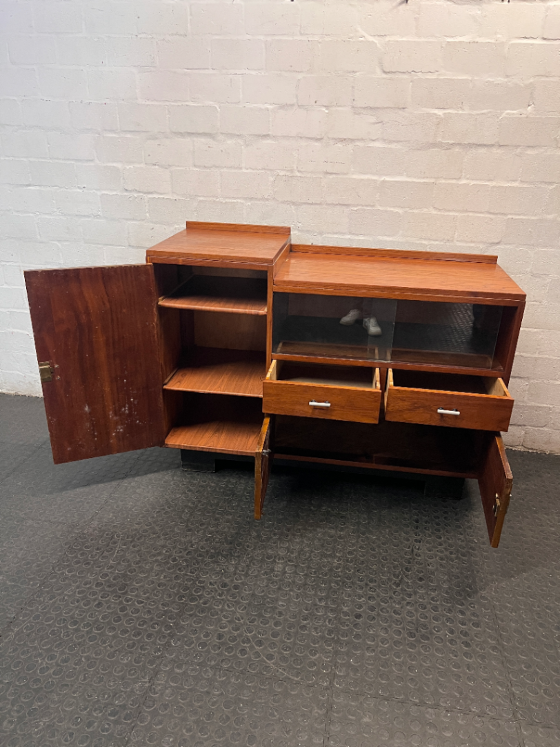 Tiered Wooden Sideboard with Glass Display Cabinet — Well Used with Visible Wear
