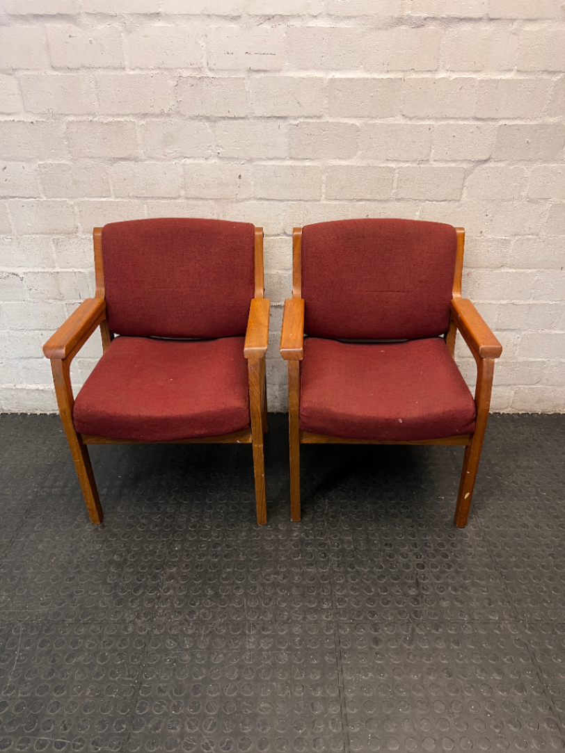 Red Fabric and Wood Office Chair — Well Used with Visible Wear and Scuffs