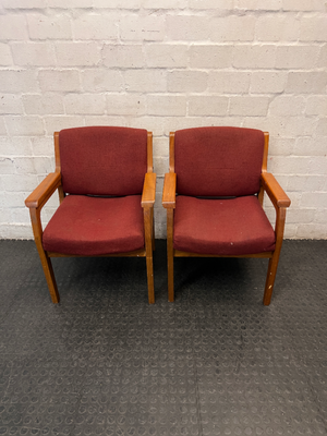 Red Fabric and Wood Office Chair — Well Used with Visible Wear and Scuffs