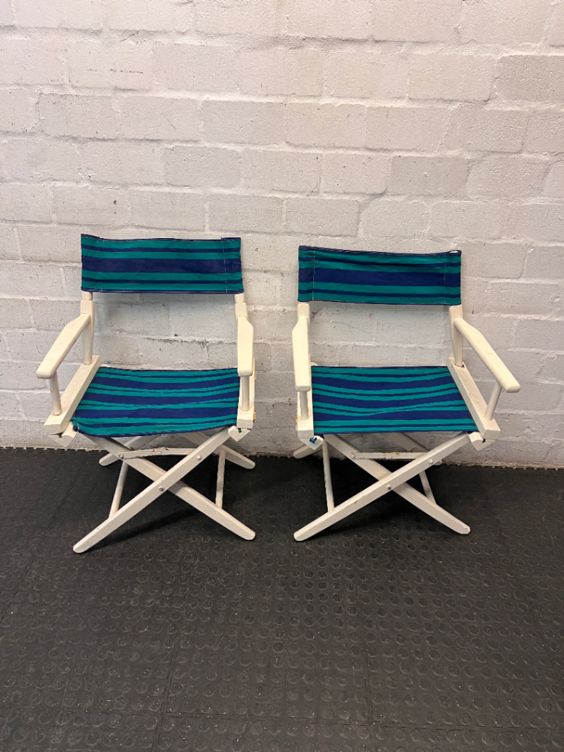 Striped Wooden Folding Director Chair — Worn Condition with Structural Use Wear