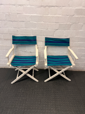 Striped Wooden Folding Director Chair — Worn Condition with Structural Use Wear