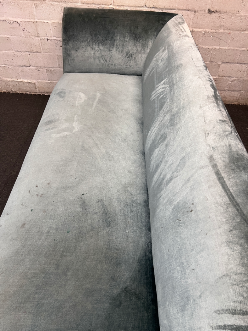 Green Suede-Style 3 Seater Couch with Flared Arms — Good Working Order