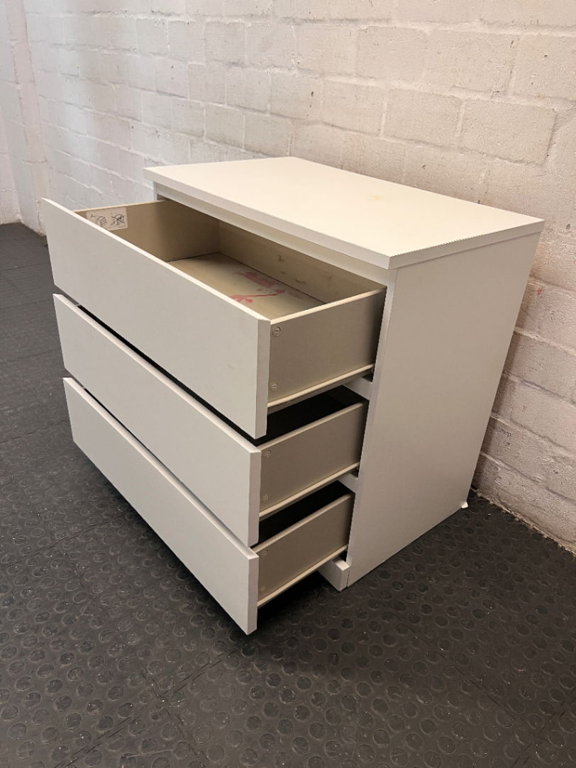 White Modern 3-Drawer Chest — Fair Condition with Surface Marks and Kickplate Crack
