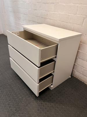 White Modern 3-Drawer Chest — Fair Condition with Surface Marks and Kickplate Crack