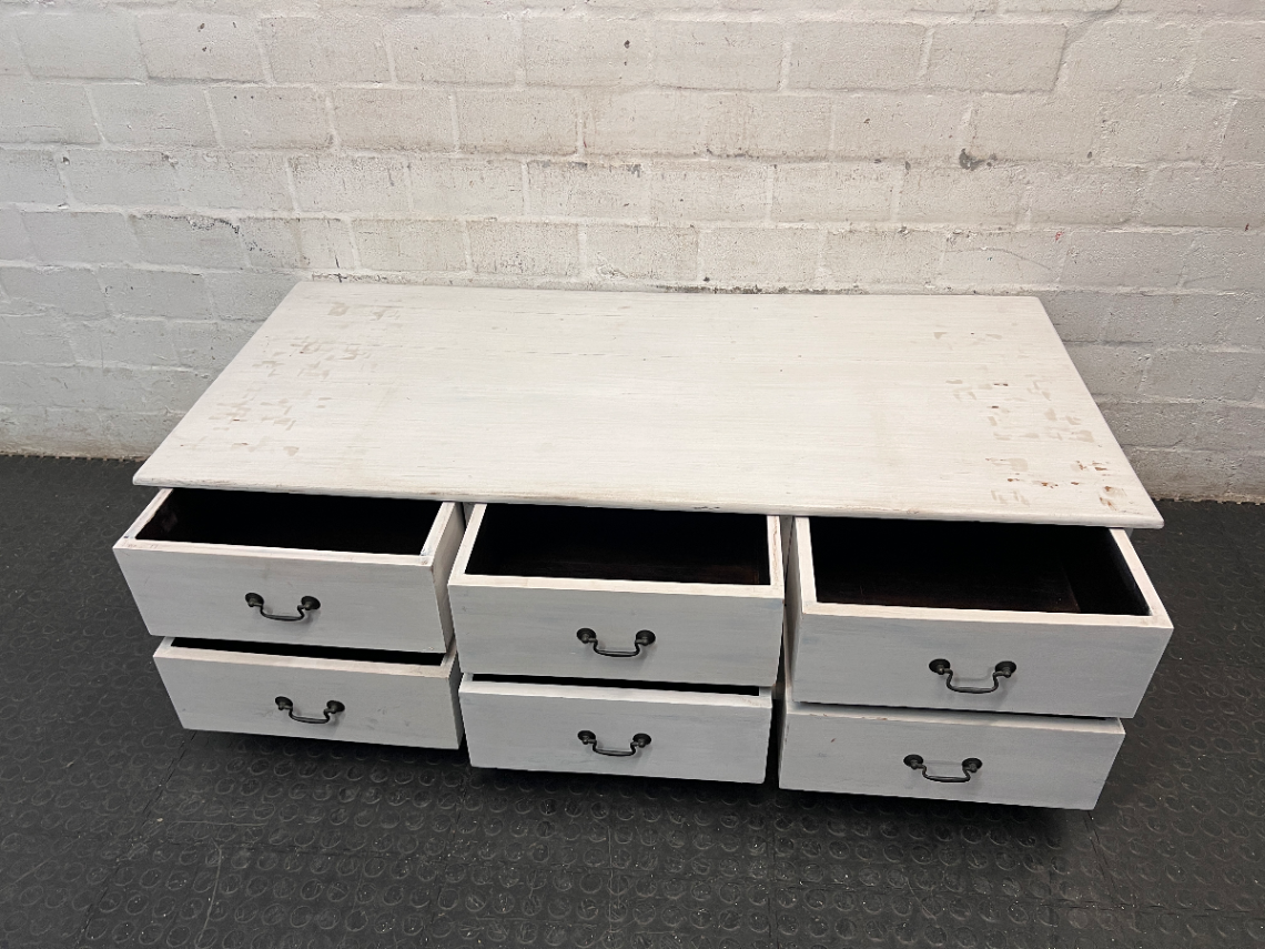 White Wooden Coffee Table with Through-Drawers — Surface Scratches and Missing Handle