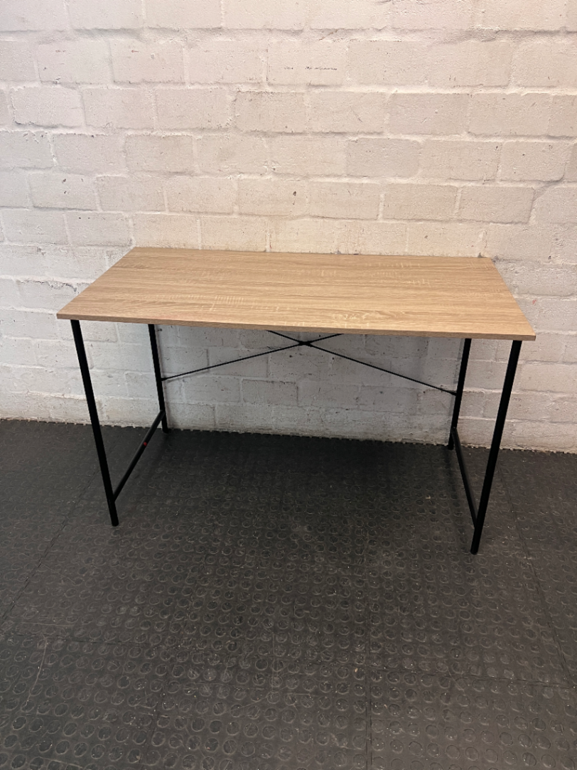 Light Brown Minimalist Writing Desk with Metal Frame — Good Working Order