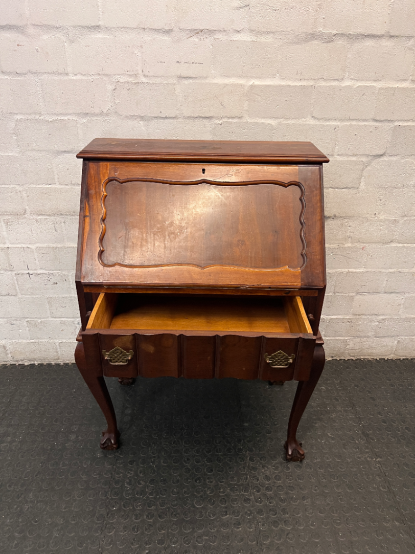 Vintage Wood Secretary Desk with Ball and Claw Feet — Broken Leg and Surface Marks
