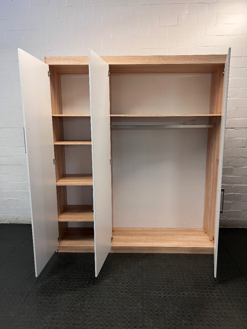 3-Door White and Light Wood Wardrobe — Good Profile and Condition