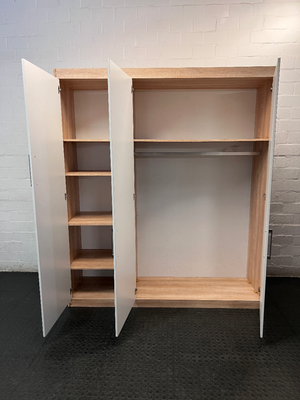 3-Door White and Light Wood Wardrobe — Good Profile and Condition
