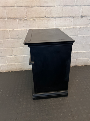 Pair of Black Lattice-Door Bedside Tables - Minor Edge Wear - 2ndhandwarehouse.com