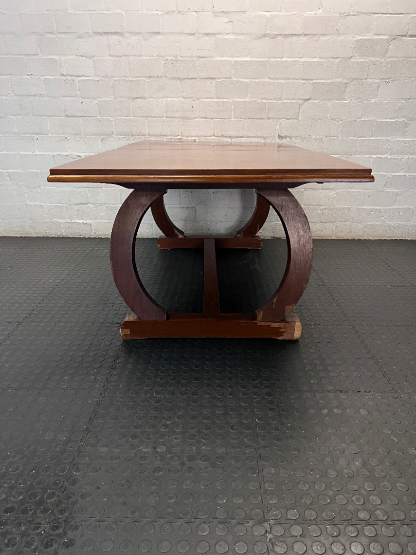 Brown Timber Dining Set with 6 Upholstered Chairs — Damaged Chair Seats and Stained Sideboard Top - 2ndhandwarehouse.com