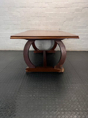 Brown Timber Dining Set with 6 Upholstered Chairs — Damaged Chair Seats and Stained Sideboard Top - 2ndhandwarehouse.com