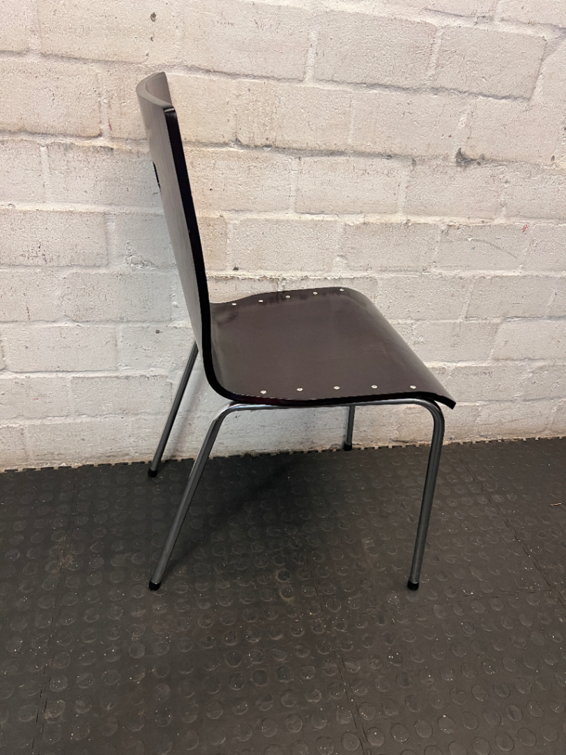 Dark Wood Veneer Dining Chair with Chrome Legs — Arm Rests Scuffed - 2ndhandwarehouse.com