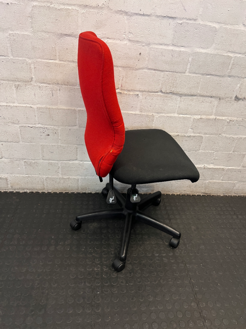 Red and Black Armless Swivel Office Chair — Scuffed Arm Rests - 2ndhandwarehouse.com