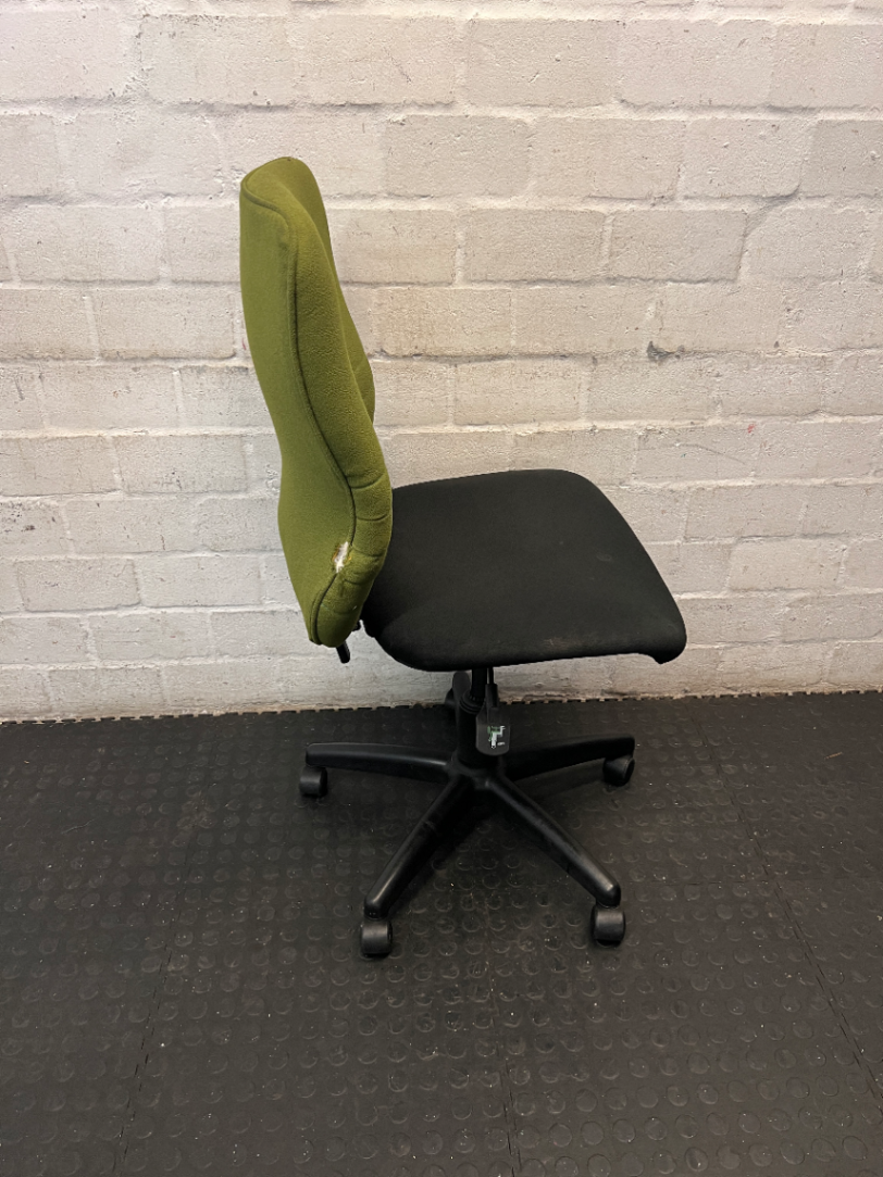 Two-Tone Green and Black Armless Swivel Office Chair — Scuffed Armrests and Well Used Condition - 2ndhandwarehouse.com