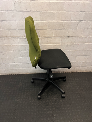 Two-Tone Green and Black Armless Swivel Office Chair — Scuffed Armrests and Well Used Condition - 2ndhandwarehouse.com