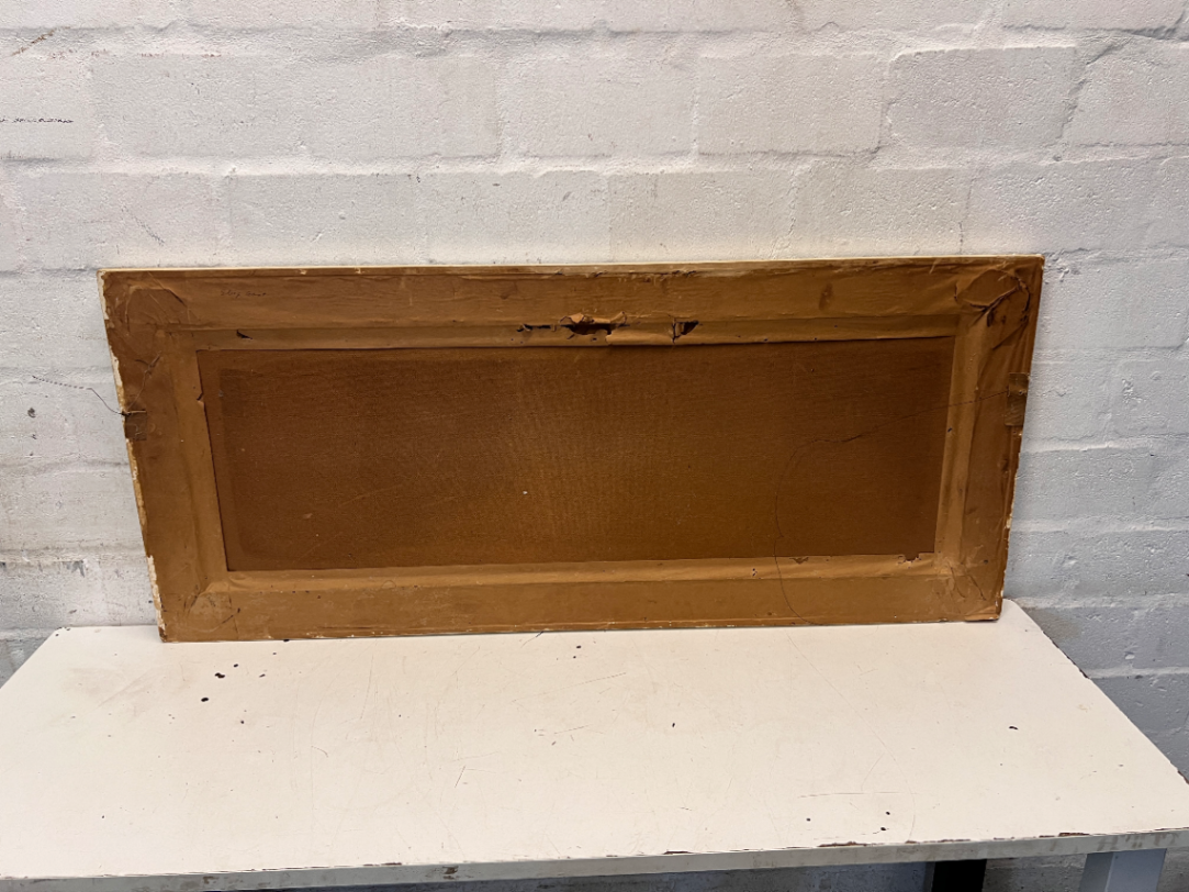Vintage Seascape Painting with Hessian Border Frame — Stains on Canvas and Chipped Frame - 2ndhandwarehouse.com