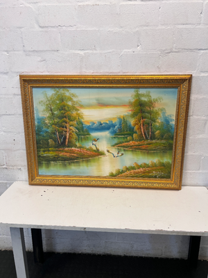 Ornate Framed Scenic River Landscape Painting — Good Condition - 2ndhandwarehouse.com