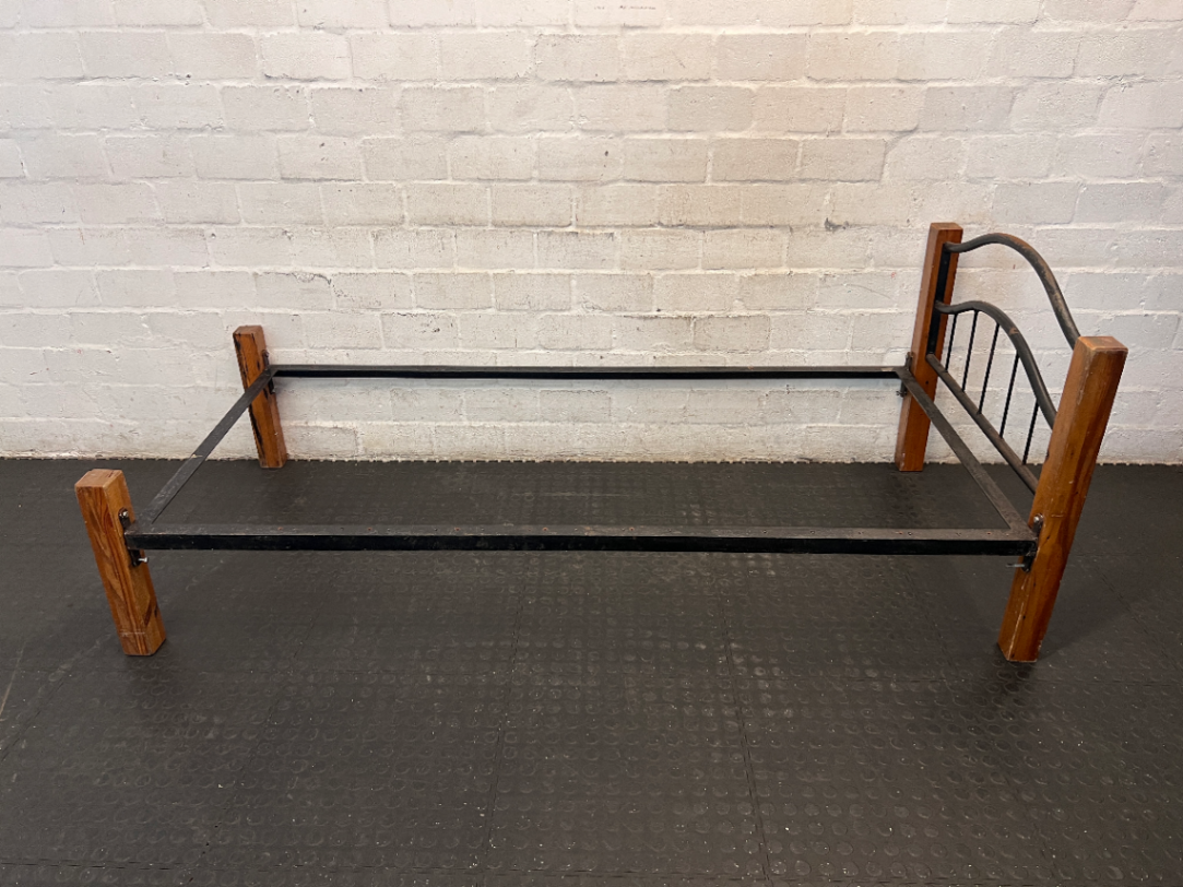 Single Bed Frame with Wood and Arched Metal Headboard - 2ndhandwarehouse.com