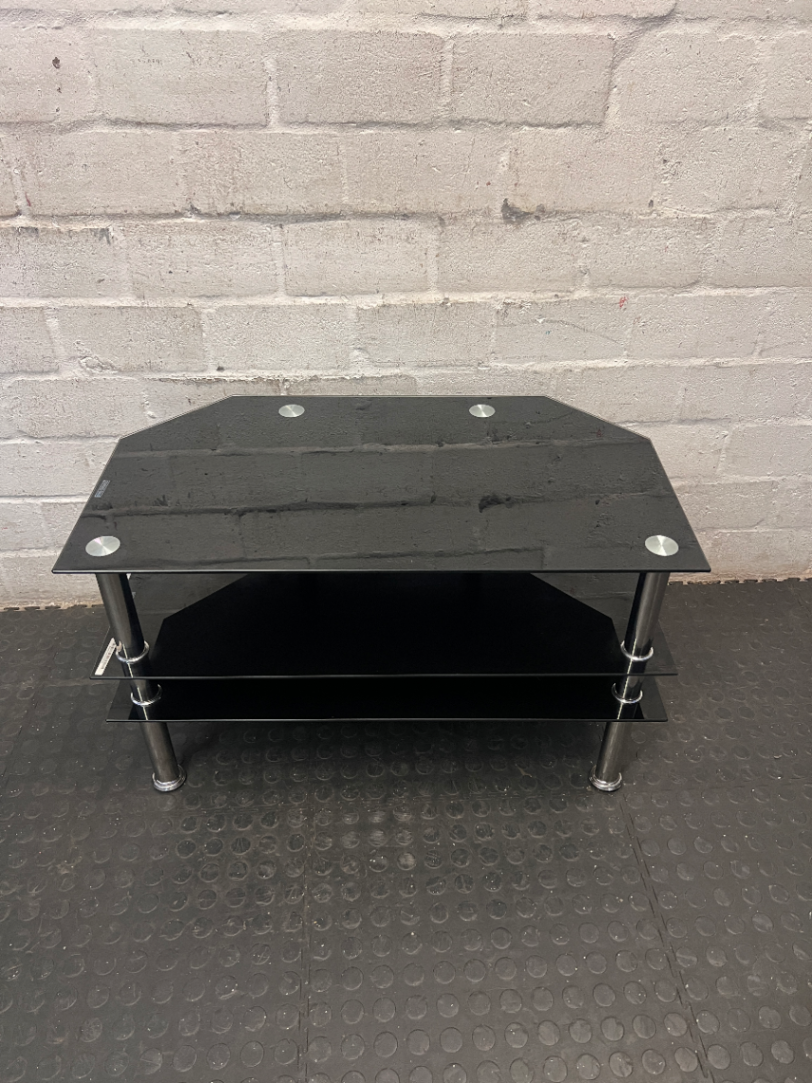 Black Glass 3-Tier TV Unit with Chrome Legs — Clean Condition with No Visible Faults - 2ndhandwarehouse.com