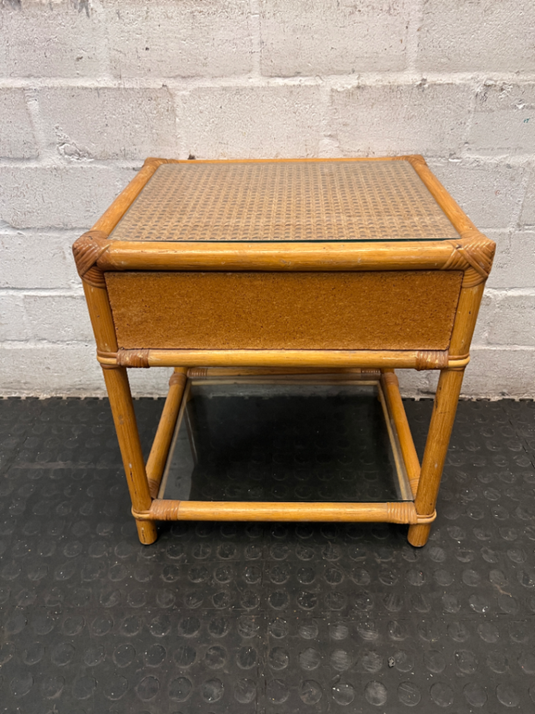 Bamboo Style Side Table with Glass Shelves — Fair Condition - Missing Drawer - 2ndhandwarehouse.com