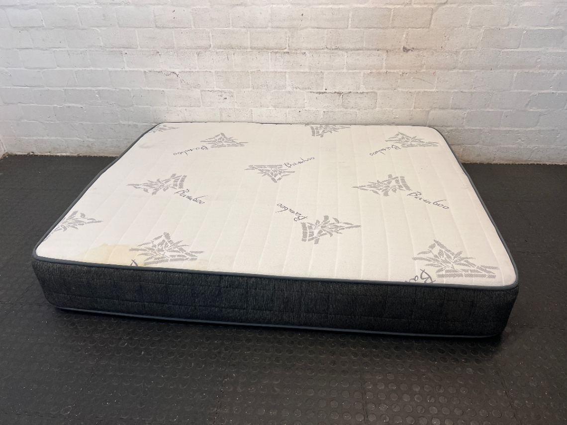 Queen Size Bamboo Motif Mattress with Grey Side Panels — Fair Condition with Visible Staining - 2ndhandwarehouse.com