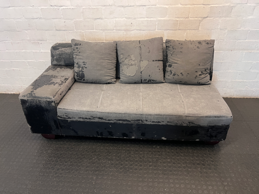 Grey Modular Sectional Couch Piece with Scatter Cushions — Damaged Condition, Requires Repolstering and Repair - 2ndhandwarehouse.com