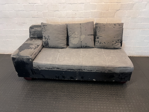 Grey Modular Sectional Couch Piece with Scatter Cushions — Damaged Condition, Requires Repolstering and Repair - 2ndhandwarehouse.com