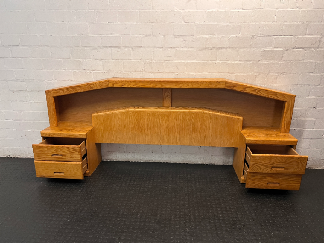 Light Oak Queen Headboard with Pedestals and Shelving — Water Damage on Dressing Table Surface - 2ndhandwarehouse.com