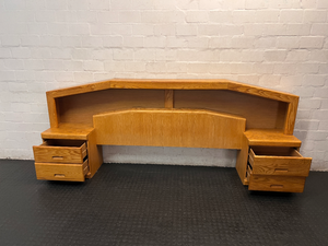 Light Oak Queen Headboard with Pedestals and Shelving — Water Damage on Dressing Table Surface - 2ndhandwarehouse.com