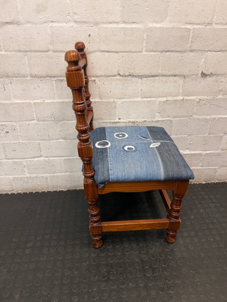 Turned Wood Dining Chair with Denim Patchwork Seat — Structural Repair Required and Altered Seat Covering - 2ndhandwarehouse.com
