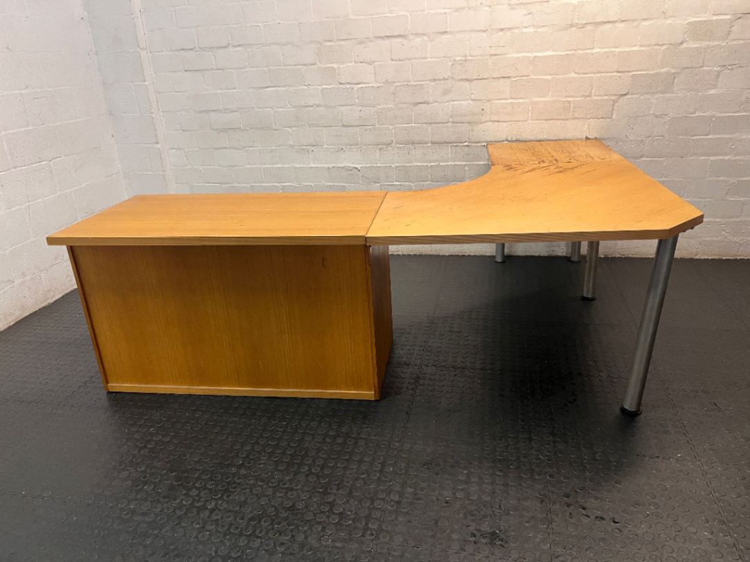 Light Oak L-Shaped Office Desk with Roller Shutter Credenza — Good Working Order with Water Damage on Surface - 2ndhandwarehouse.com