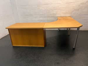 Light Oak L-Shaped Office Desk with Roller Shutter Credenza — Good Working Order with Water Damage on Surface - 2ndhandwarehouse.com