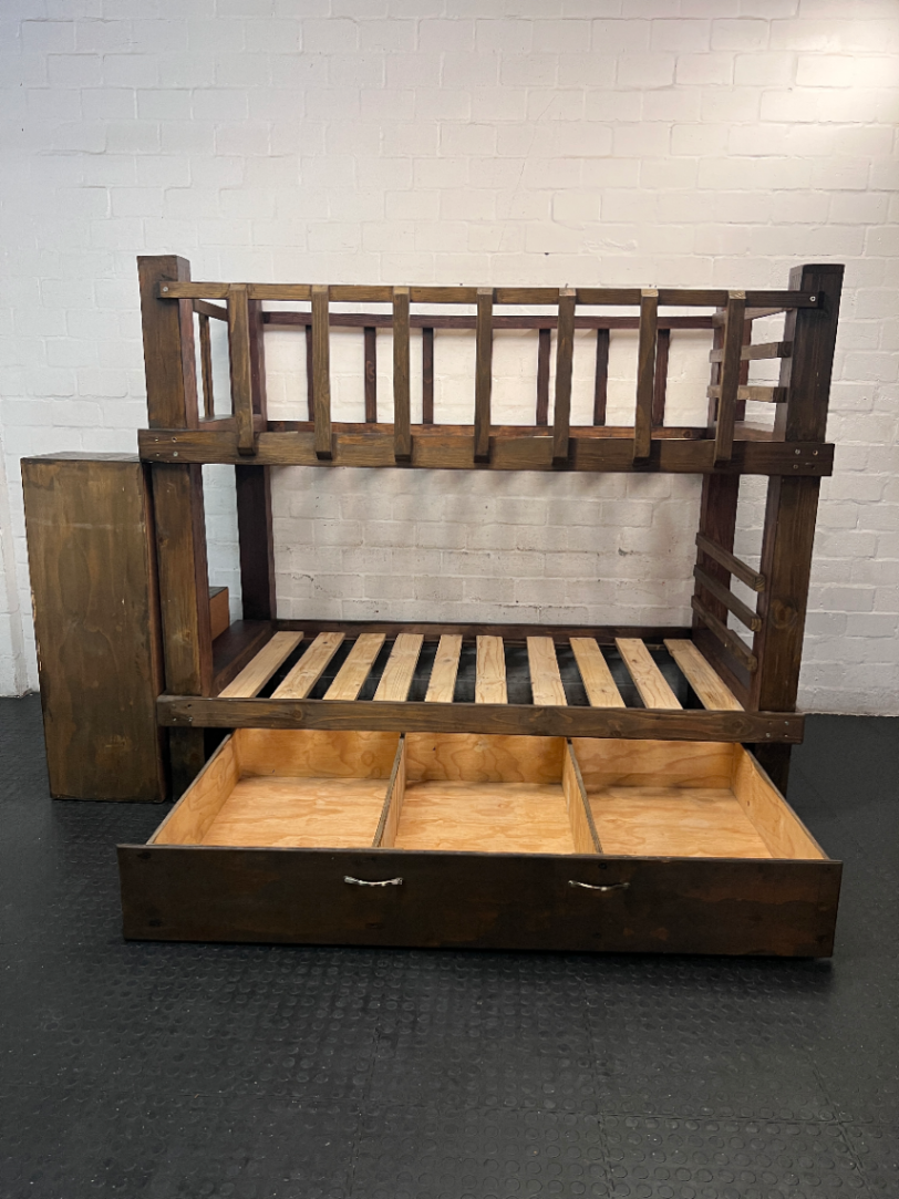 Dark Stained Pine 3/4 Bunk Bed with Storage Steps — Requires Disassembly and Assembly - 2ndhandwarehouse.com