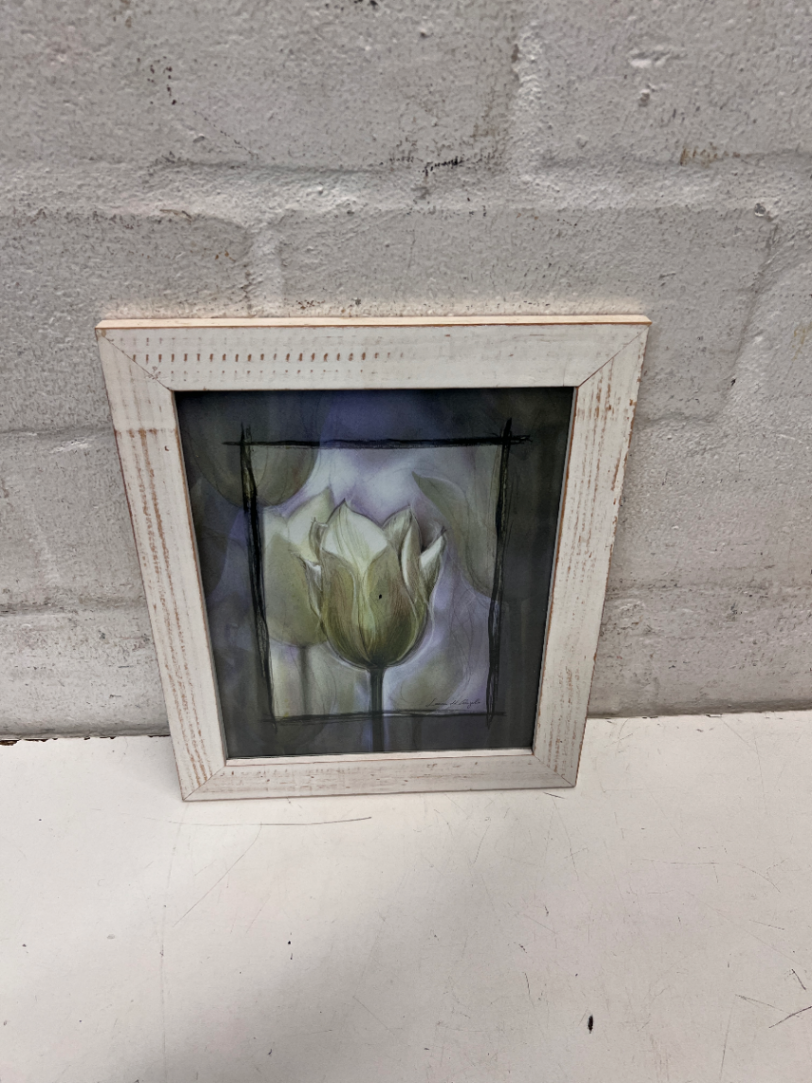 White Rustic Wooden Picture Frame with Tulip Print — Good Working Order - 2ndhandwarehouse.com