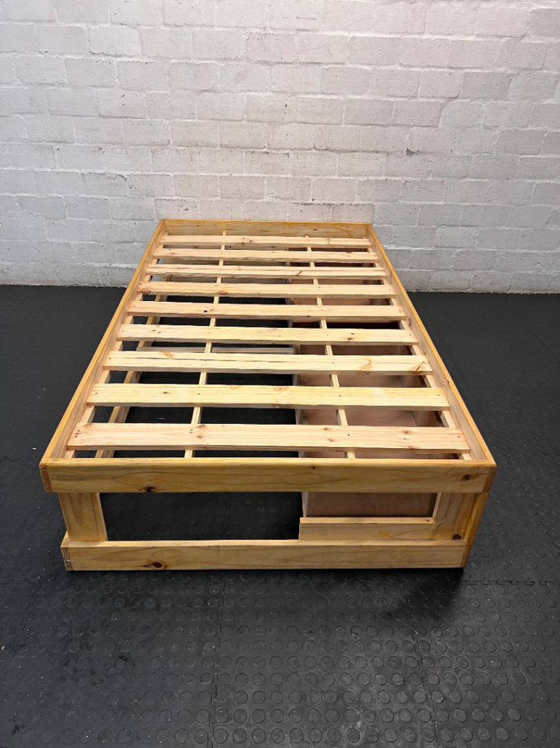 Single Wooden Bed Frame with White Storage Drawers — Good Condition with Minor Dust - 2ndhandwarehouse.com