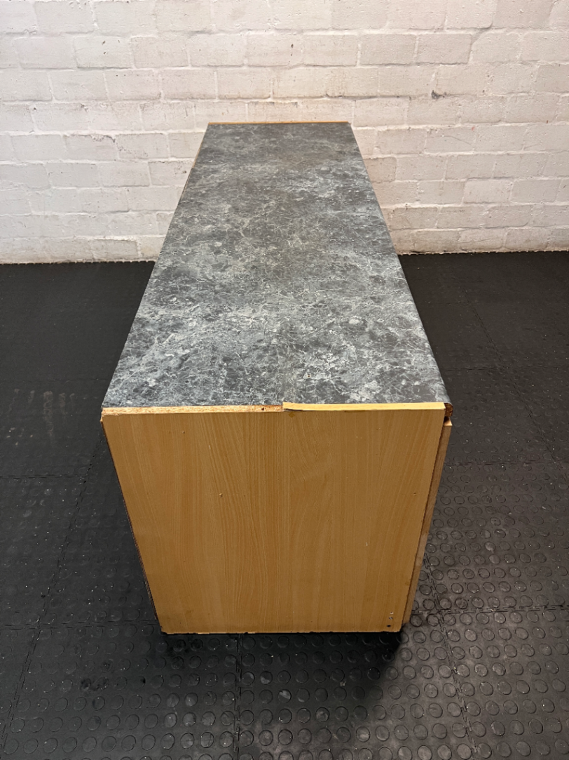 Grey Marble-Effect Top Office Desk with Side Cupboards — Backing Loose and Fragile Structure - 2ndhandwarehouse.com