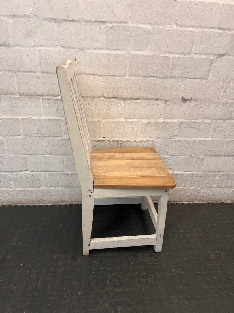 Two-Tone Pine Dining Chair with White Slatted Back — Visible Paint Wear and Surface M - 2ndhandwarehouse.com