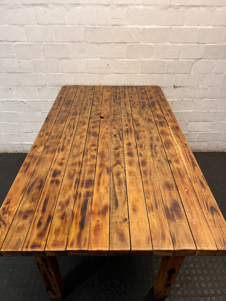 Slatted Pine Dining Table in Chestnut Finish — Good Working O - 2ndhandwarehouse.com