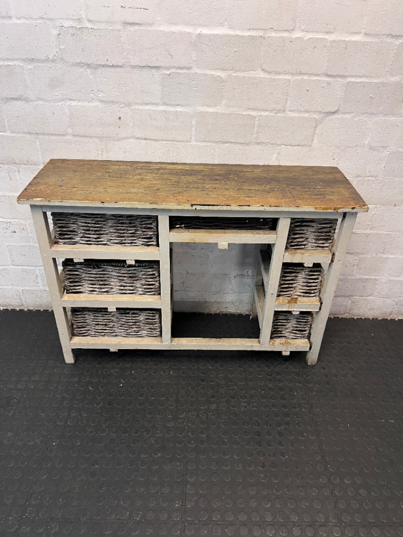 Distressed White Sideboard with Wicker Basket Drawers — Average Condition with Surface W - 2ndhandwarehouse.com
