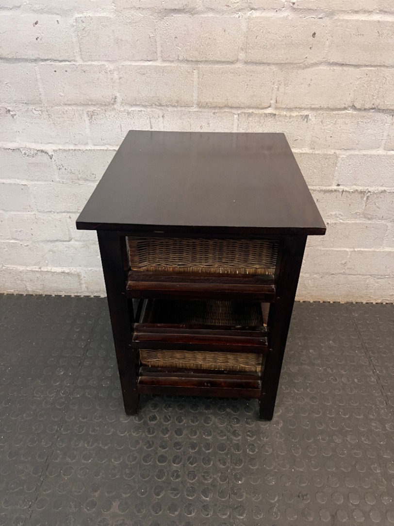 Dark Wood Bedside Pedestal with Wicker Baskets - 2ndhandwarehouse.com