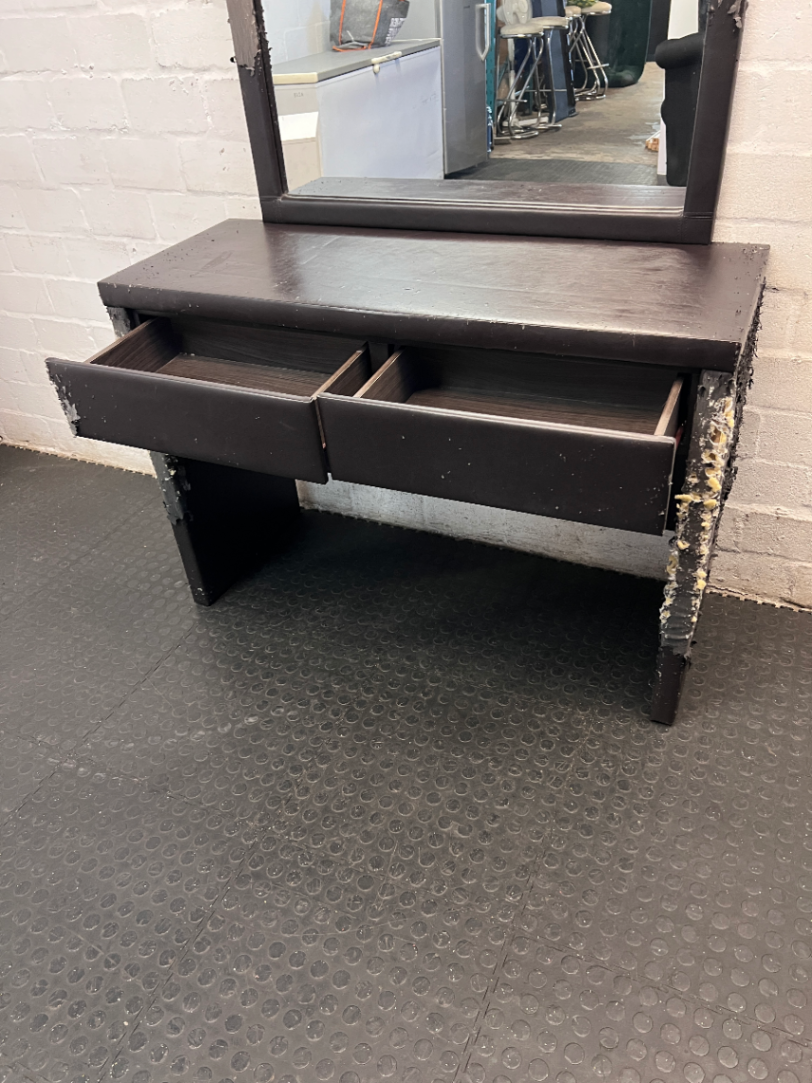 Dark Brown Upholstered Dressing Table with Mirror — Damaged Frame and Mirror Surround