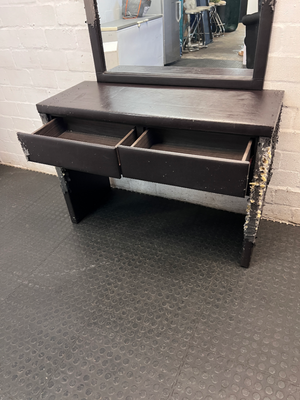 Dark Brown Upholstered Dressing Table with Mirror — Damaged Frame and Mirror Surround