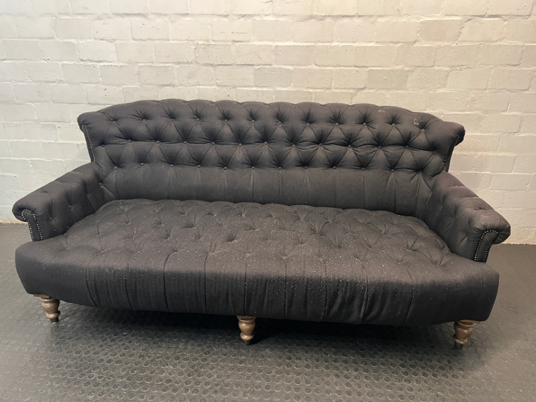 Black Tufted Fabric 3 Seater Couch with Stud Detail — Soiled Upholstery with Extra Cushions