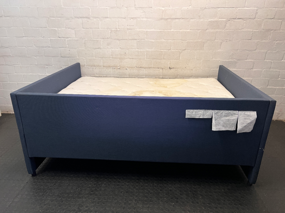 Navy Blue Upholstered Double Daybed with Mattress — Fair Used Condition with Mattress Staining