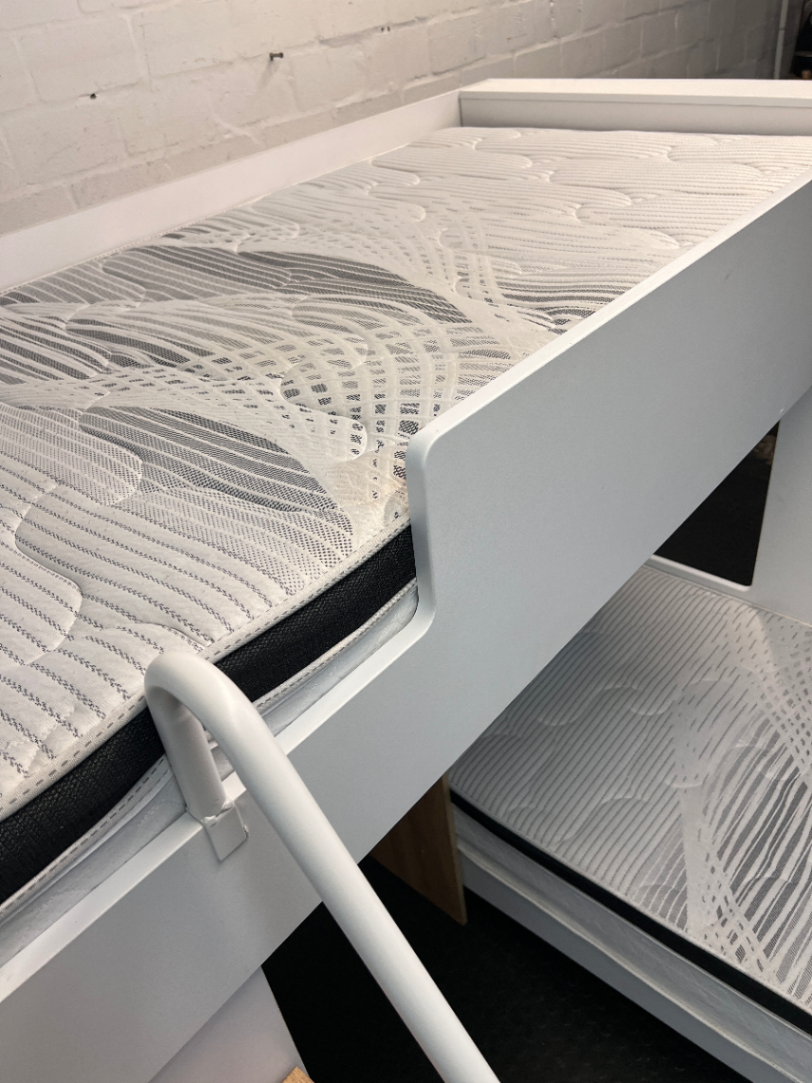 White L-Shaped Bunk Bed with Desk and Storage Cupboard — Good Condition
