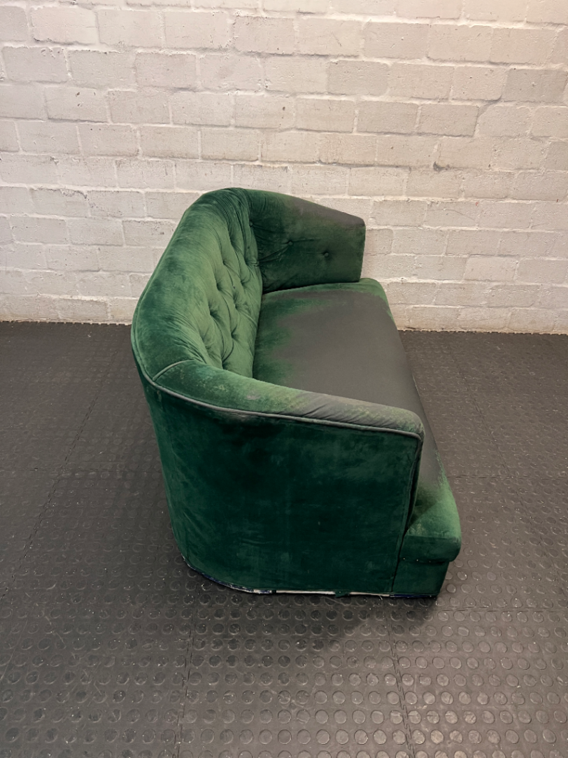 Tufted Green Velvet-Look 2 Seater Couch — Significant Upholstery Wear and Thinning Fabric
