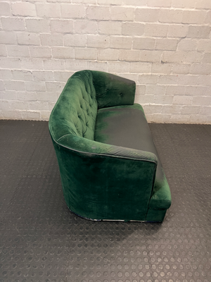 Tufted Green Velvet-Look 2 Seater Couch — Significant Upholstery Wear and Thinning Fabric